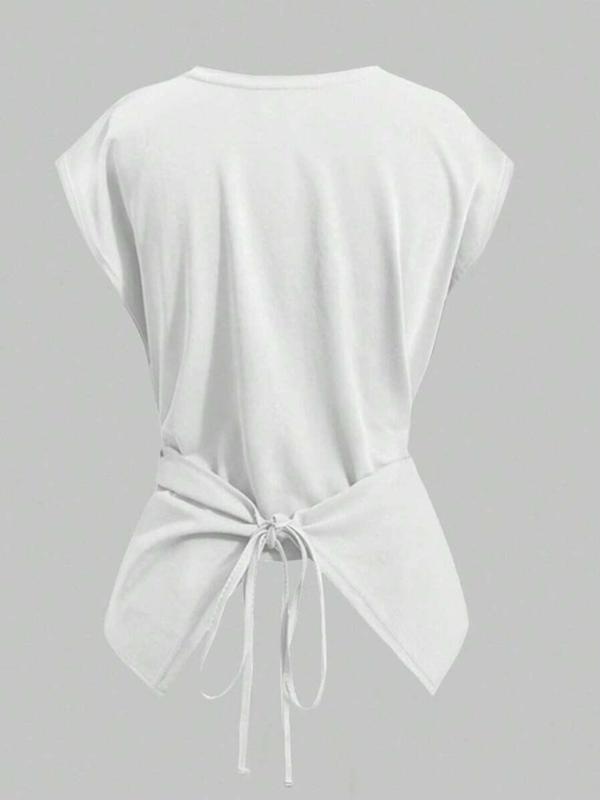 Women's Knitted Round Neck Drop Shoulder Sleeve T-Shirt, Fashion Casual Chic Asymmetrical Ruched Cross Cutout Back Tie Top