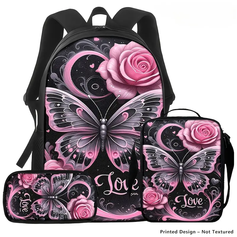 3pcs High-Capacity Oxford Zip-Up Backpacks - Pink Roses & Butterfly Printed, Romantic Elegant Shoulder Bags, Ideal for Stylish Adults for Casual & Travel Use