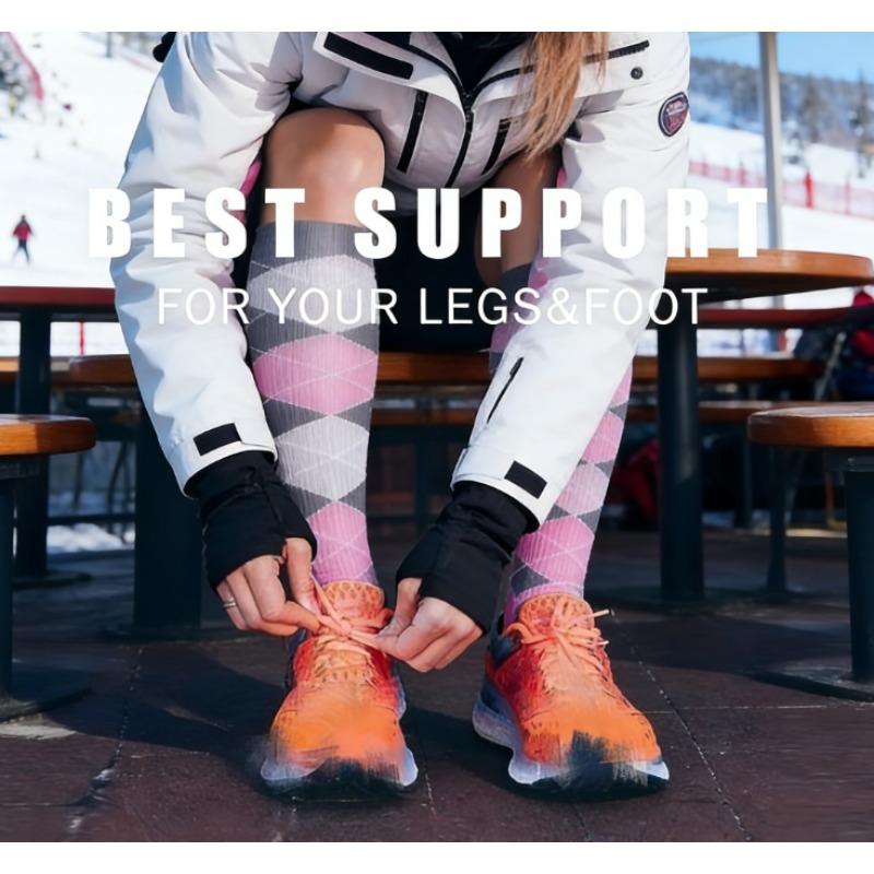 NEWLIFEJWL Sporty Knee High Compression Socks Set - 6 Pairs with Stylish Striped & Heart Prints, Performance & Recovery for Athletes, Gym, Casual Wear, Black & Multicolor