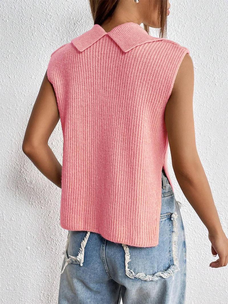 Women's Plain Split Hem Sweater Vest, Casual Fitted Solid Collar Sleeveless Knitwear Top for Summer, Fashion Ladies' Collared Knit Clothing for Everyday Wear, Minimalist Basic Womenswear, Sleeveless Vests