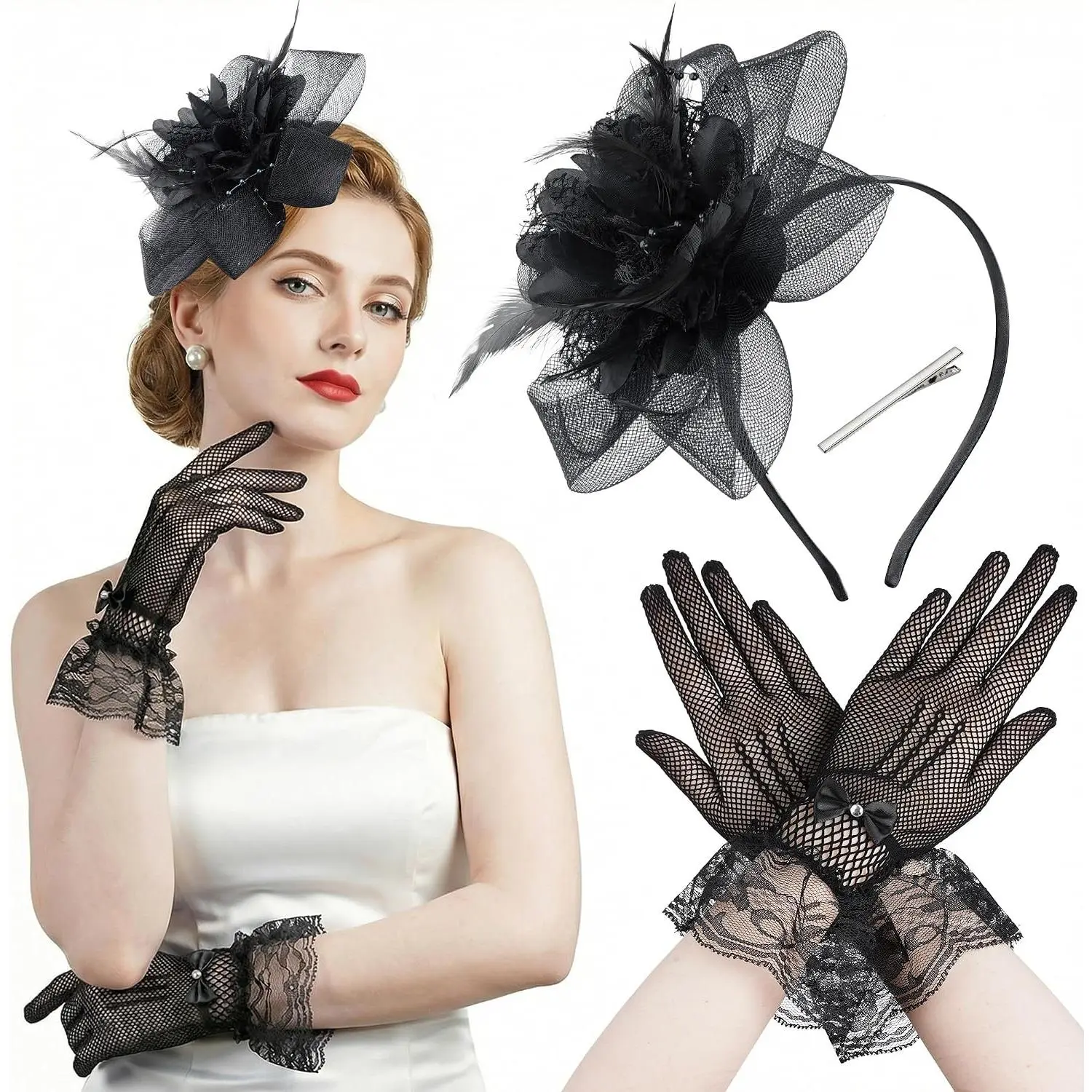 Fascinators Hats with Lace Gloves for Women Headband for  Party Wedding | Classic  Party Hats Set, Made of   Mesh, Fascinator for  party Wedding  Dress Matching