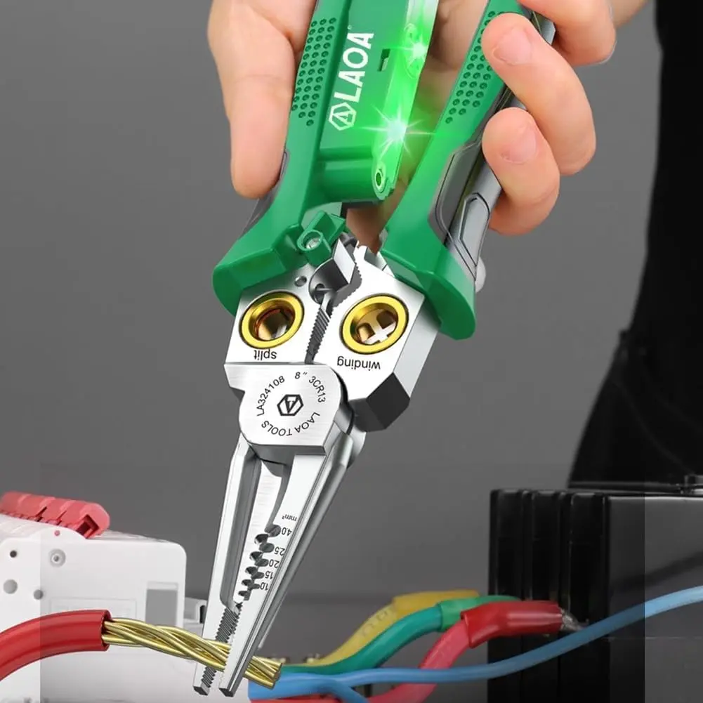 8 in 1 Wire Stripper Twister, Multi-Function Wire Stripping Pliers, Stripper Tool Crimping Tool for Cutting and Pulling Wires with Voltage Test(1*Electrical Test Model)