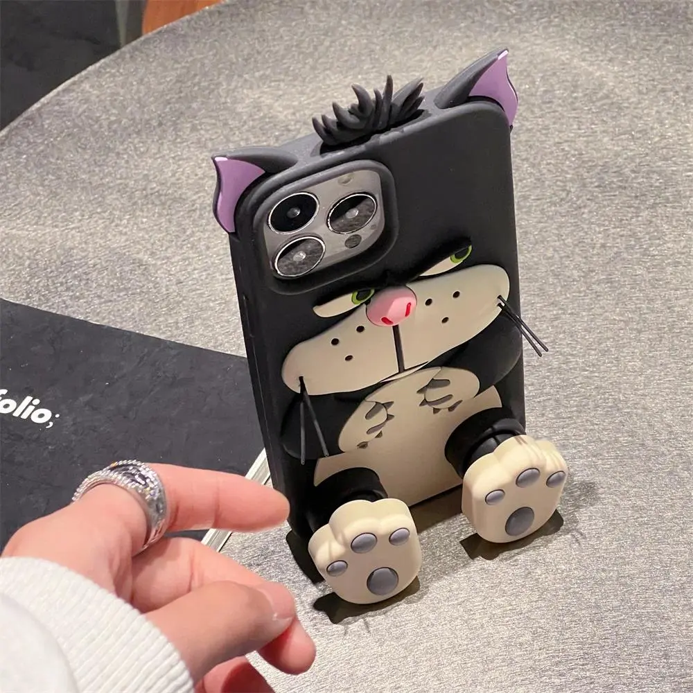 For iPhone 11 12 13 14 15 16 17 Pro Max Cute 3D Lucifer Cat Cinderella Stretching feet Cover Cute Cartoon bracket Case