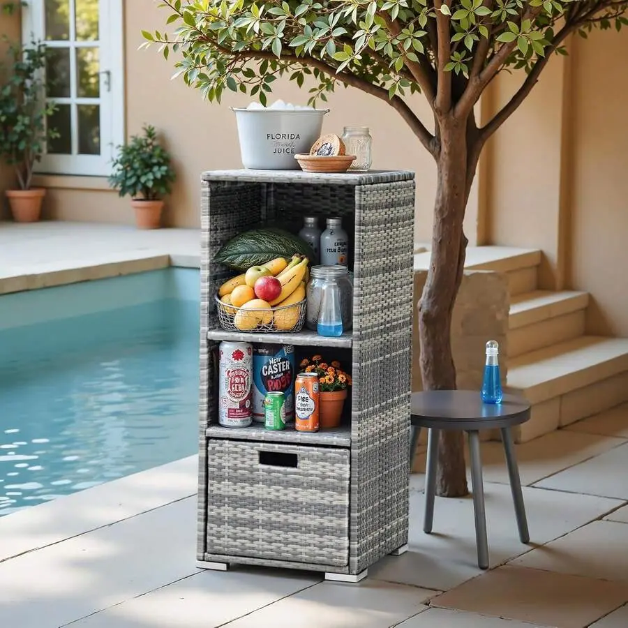 Outdoor Towel Rack Patio Waterproof Rattan Wicker Storage Cabinet Shed With Shelves & Drawer