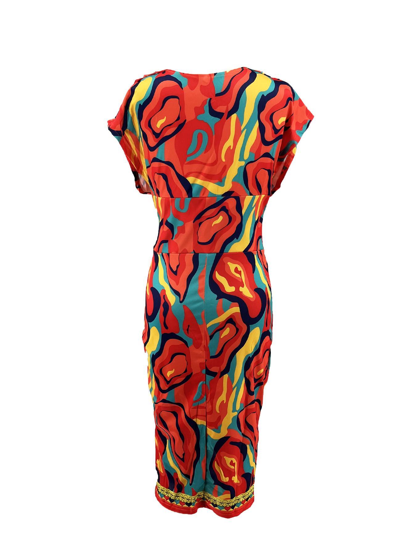 Women's All Over Print Ruched Batwing Sleeve Bodycon Dress, Elegant Deep V Neck Short Sleeve Midi Dress for Summer, Ladies Clothes for Vacation Holiday Party, Womenswear