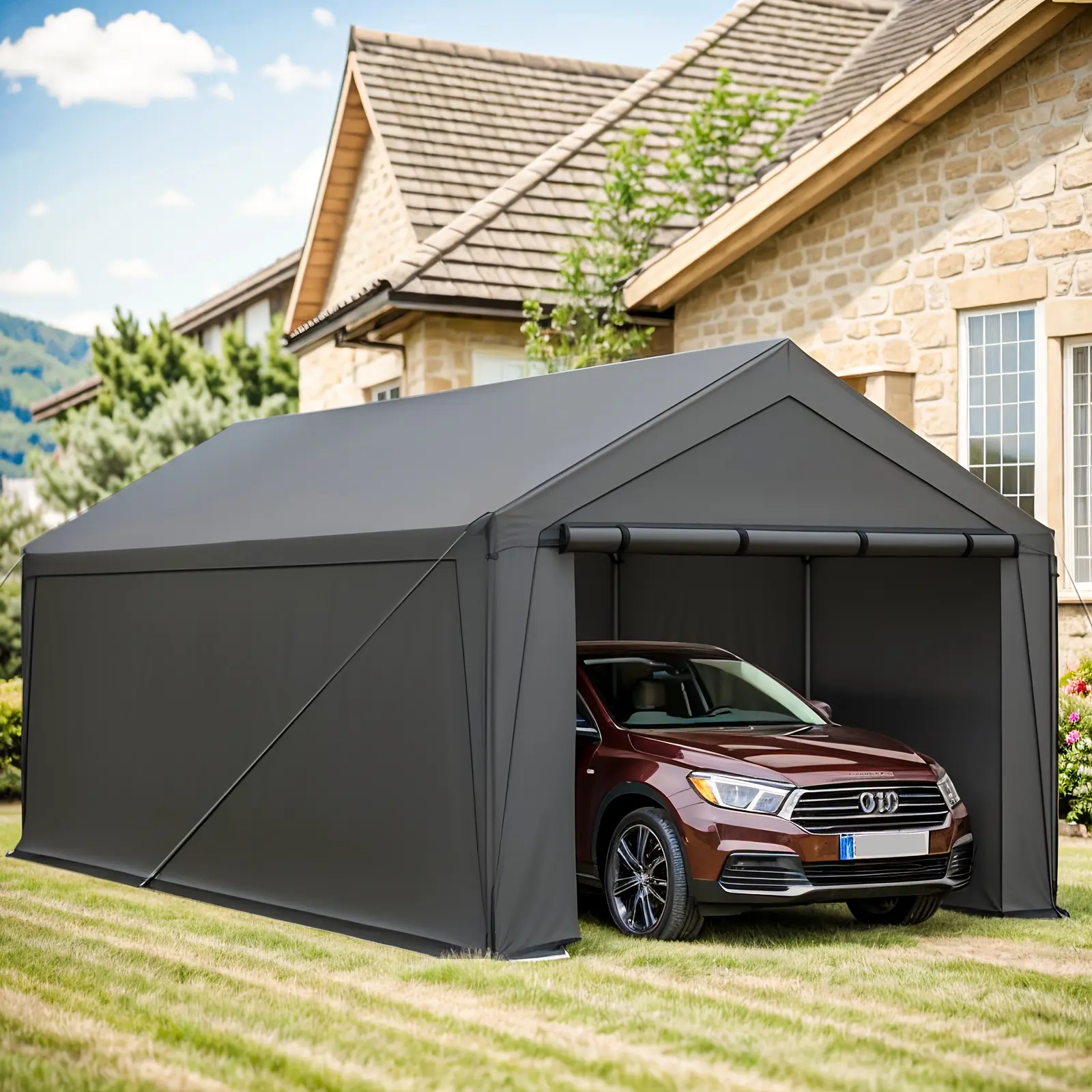 Carport 10x20ft Heavy Duty Carport Tent Garage with Waterproof Canopy, 8 Reinforced Metal Poles, And Metal Stakes