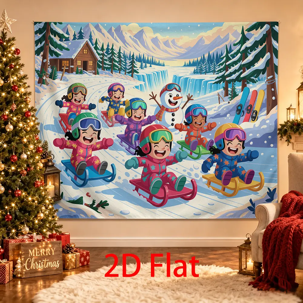 Winter Wonderland Sledding Backdrop with Kids, Snowman, Waterfall, Cabin and Ski Props