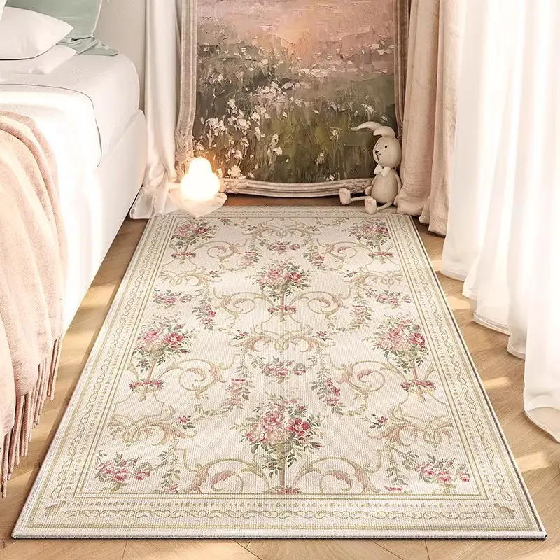 French Retro Rose Pattern Rectangular Rug European Pastoral Pink Flower Rug Floral Pattern Rug Bedroom Bay Window Rug Washable Cream Style Area Rug Home Decor Rug