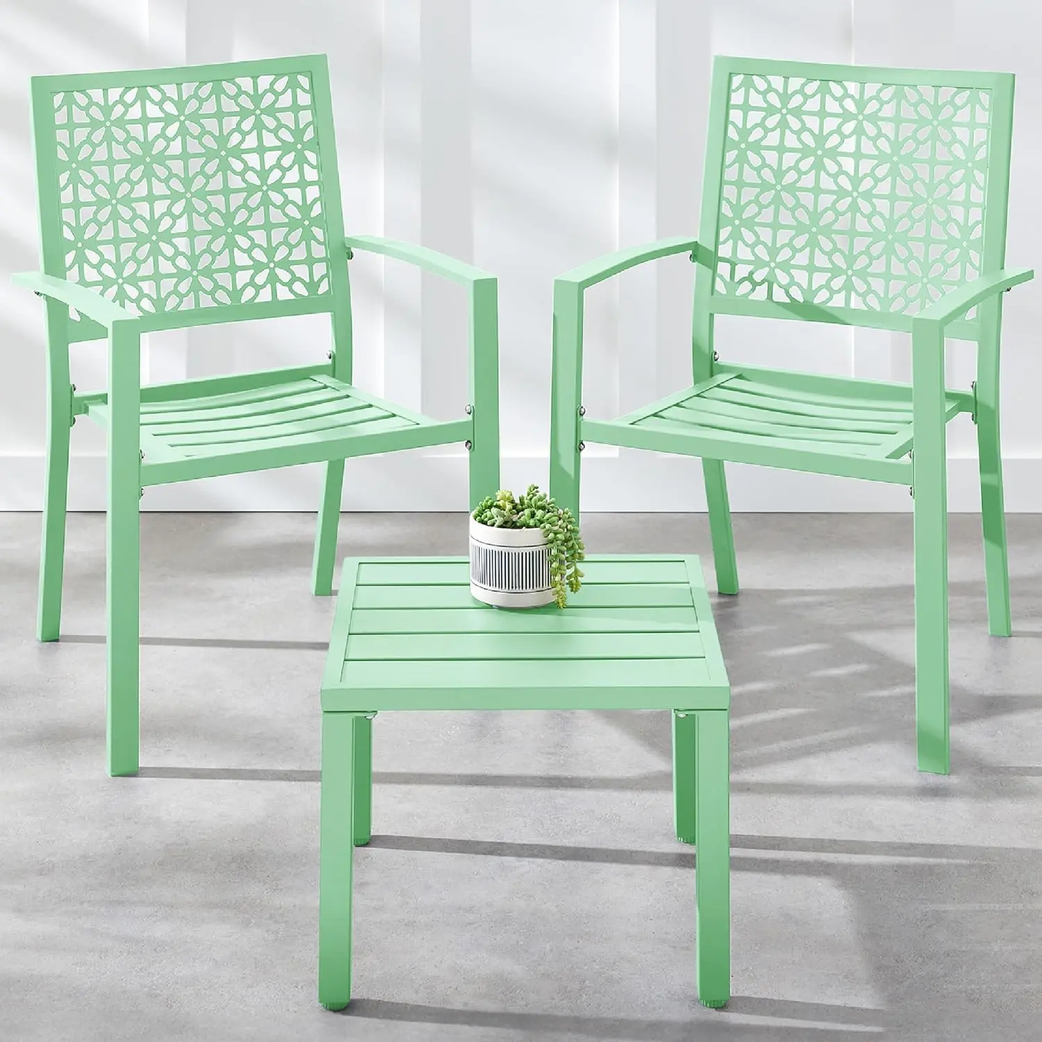 Stackable Metal Outdoor Dining Chairs, Set of 2 Patio Bistro Chairs with Armrests, Weather-Resistant Coated Steel Frame, Ventilated Hollow-Carved Seat, 300 lb Capacity