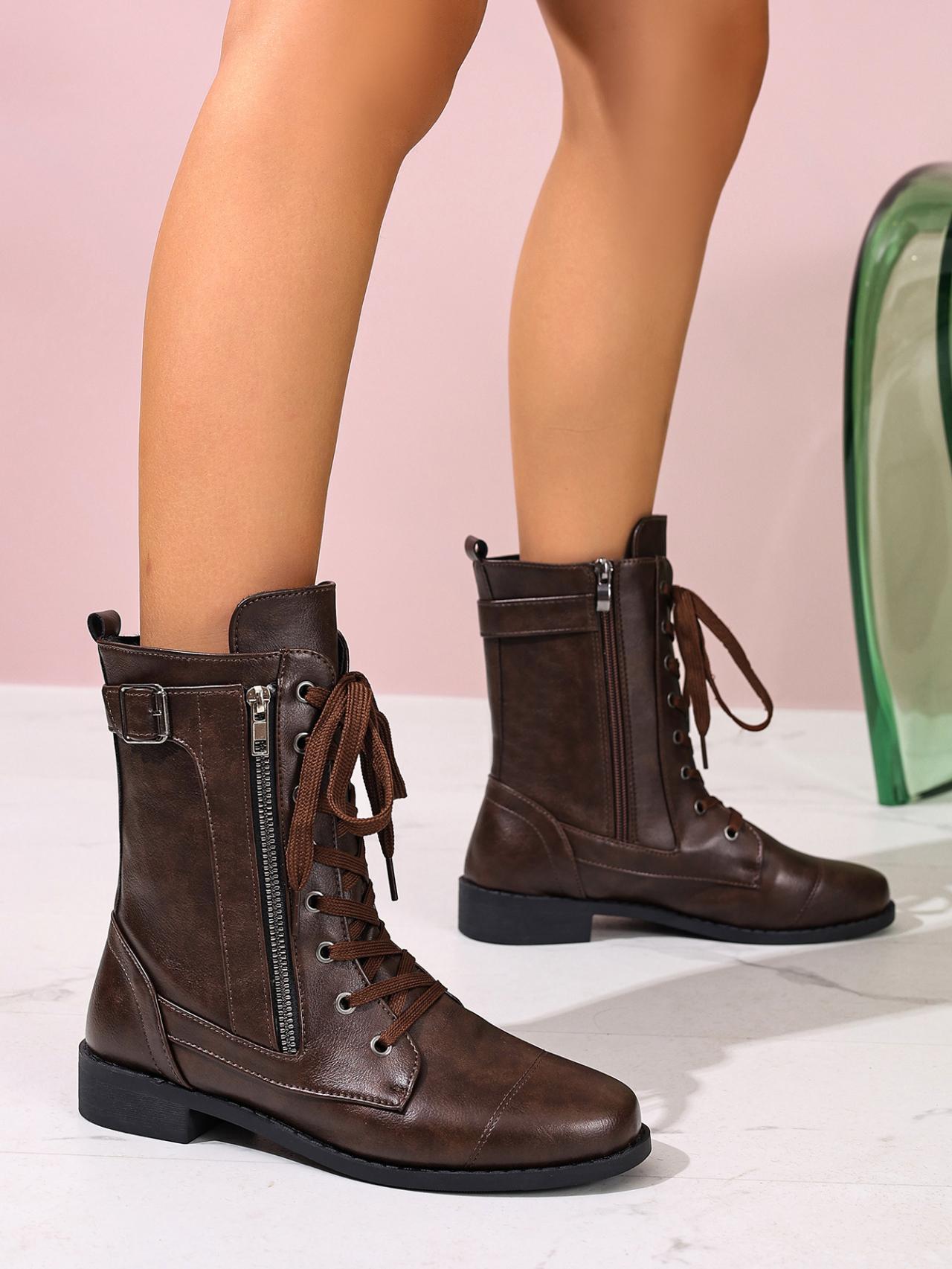 British Vintage Women's Autumn/Winter New Style  Fashion Chunky Heel Comfortable Side Zipper Solid Color Belt Decorated Ankle Boots, Women Shoes