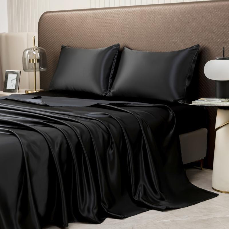 6-piece 100% polyester satin bed sheet set, including (1 fitted sheet + 1 flat sheet + 4 pillowcases), complete bedding set, solid color, machine washable - bedroom essentials, suitable for single, double, king, and queen size beds.