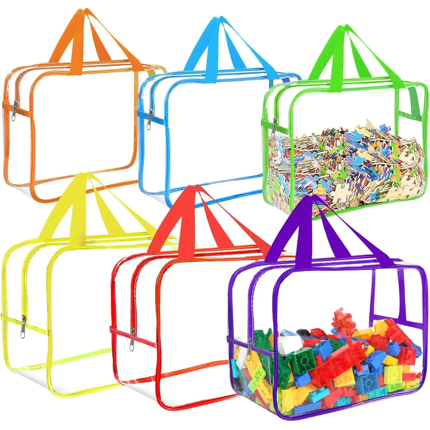 6 Colors Large Toy Storage Bags with Labels, Reusable Clear PVC Board Game Storage, Travel Waterproof Organizer Bags with Zipper for Building Blocks, Puzzle, Kids Books(3 large & 3 Widen X-Large)