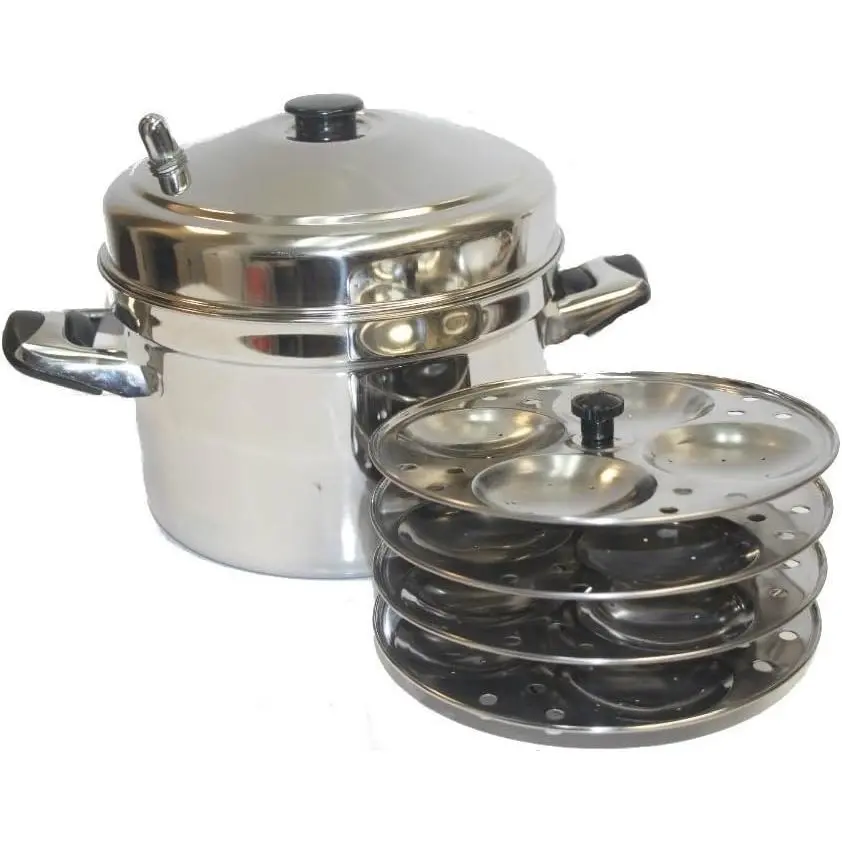 4-Rack Stainless Steel Idli Cooker with Strong Handles, Makes 16 Idlis