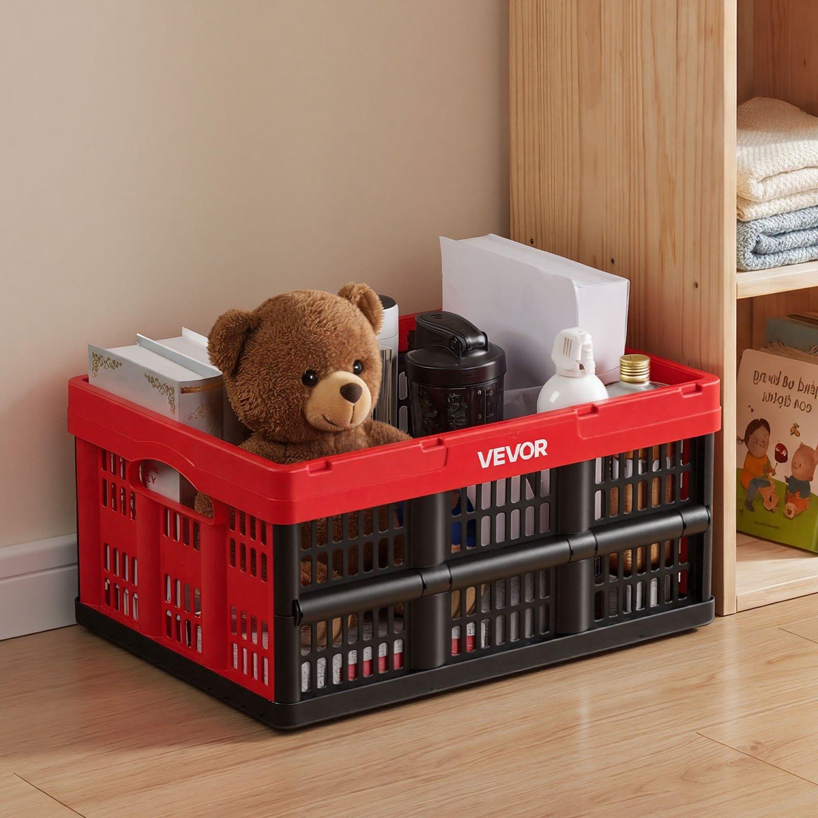 VEVOR Plastic Collapsible Storage Bins, 32L 3 Packs, Stackable Folding Storage Crates with Handles, Holds 26 lbs Per Bin, Foldable Heavy Duty Containers, Space-Saving Baskets, for Home Organizing