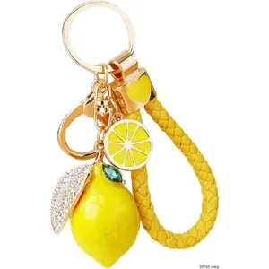 Bright Yellow Crystal Rhinestone Lemon Pendant Keychain Polished Alloy Frame Flexible Fabric Wrist Strap Compact Light Silhouette Unisex For Handbag Backpack Car Key Daily Minimalist Cute Portable Decorative Gift Accessory