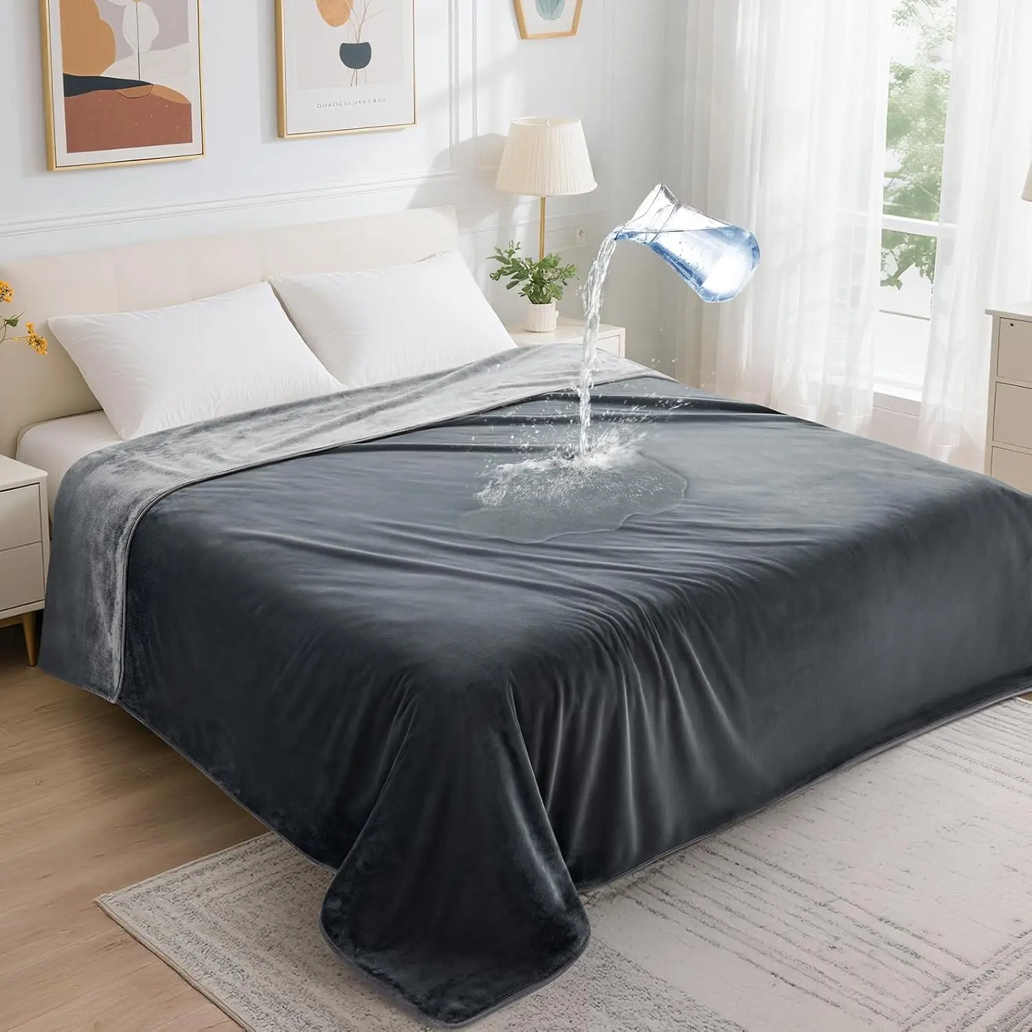 Waterproof Blanket for Bed: Reversible Soft Flannel Twin Bed Blanket 60" x 80", Leakproof Throw Spill-Proof Dog Pet Blanket for Couch Cover, Movie Time, Camping, Travel, Grey