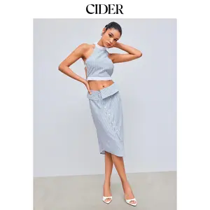 Cider [size 2-10] Woven Turn-Up Mid Rise Striped Maxi Skirt