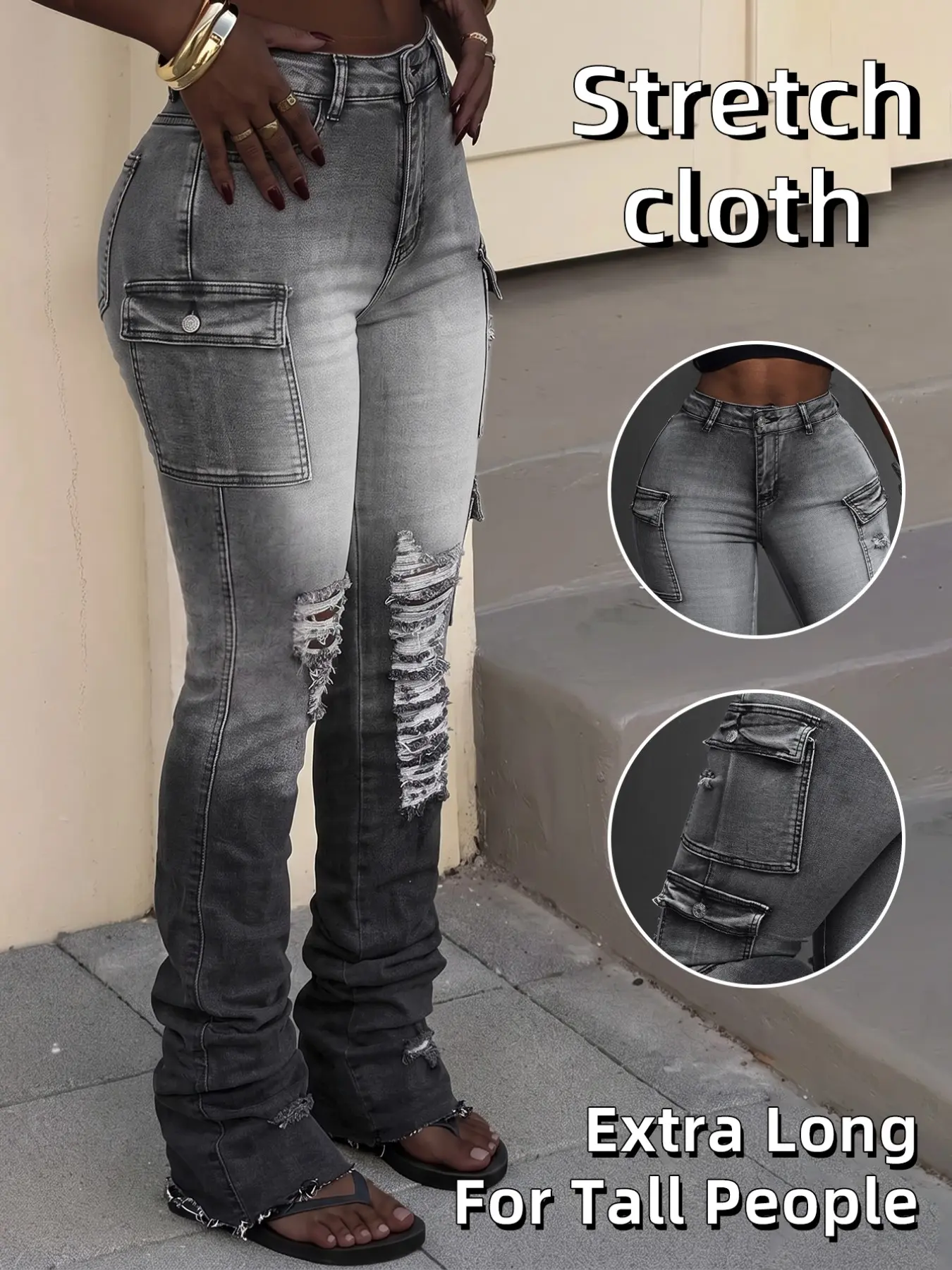 Women High Waist Gradient Cargo Jeans, Stretch Ripped Distressed Extra Long Tall Fit, Hip Hop Streetwear for Tall Ladies