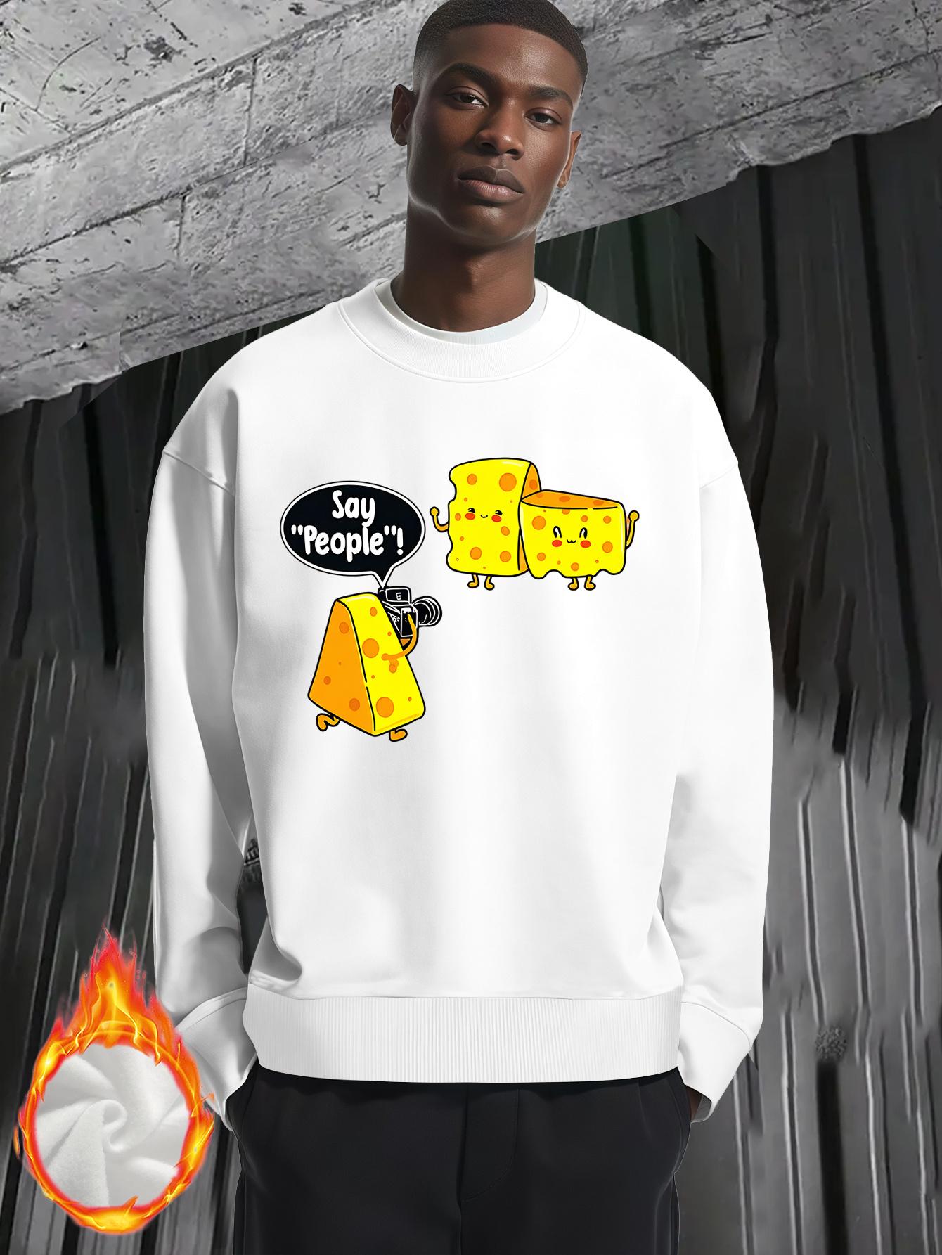 Men'S Funny Cheese & Cheese Slice Graphic Sweater - Oversized Round Neck Long Sleeve Thickened Winter Warmth, Loose Fit Casual Pullover with Cheese Slice & Cheese, Cheese Print - Comfortable Everyday Essential For Men, Cheese Sweater