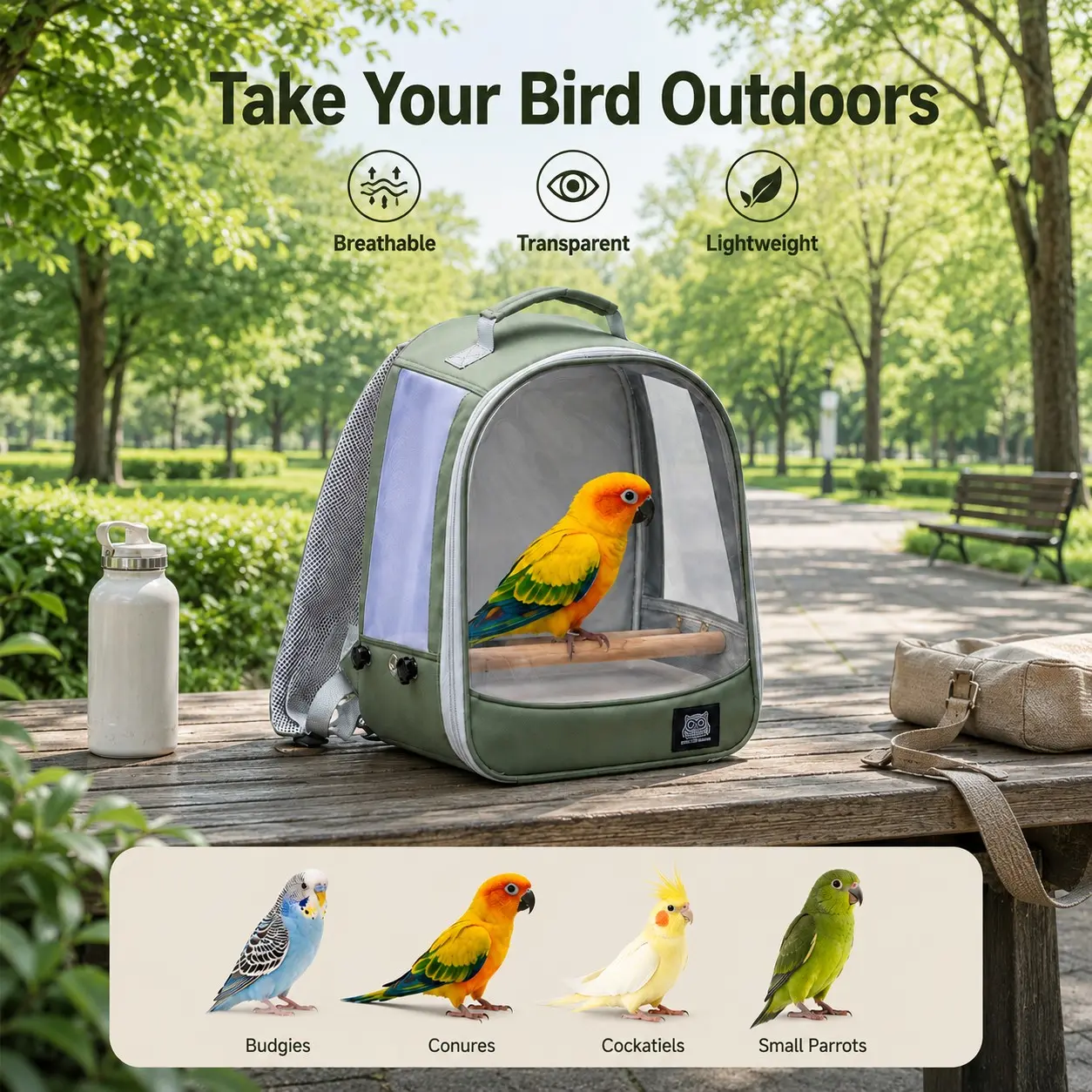 Parrot Travel Backpack, Lightweight Pet Bag with Transparent Front Panel, Dual Food Cups, Breathable Mesh, Detachable Perch, Pull-Out Tray, Shoulder Strap