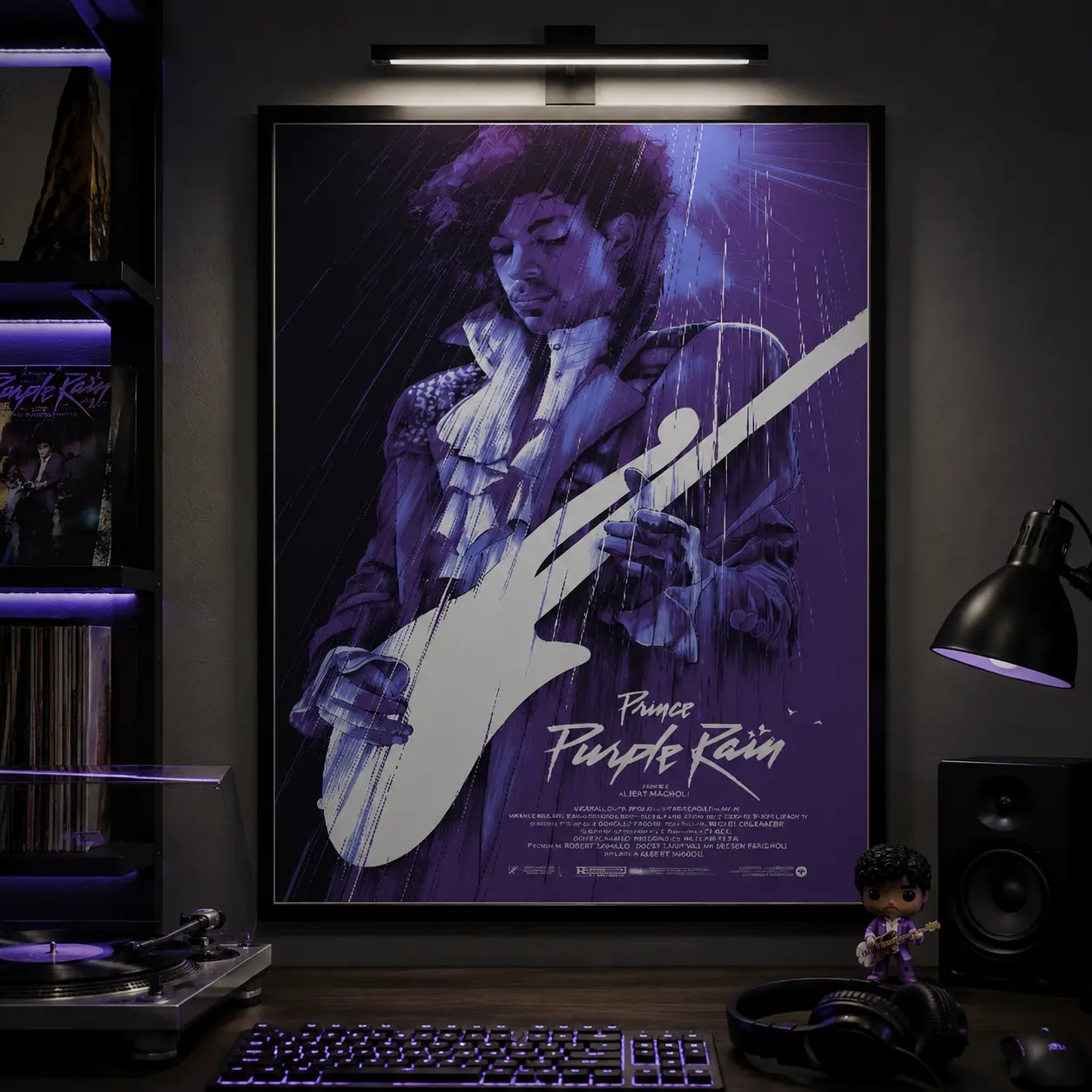 Purple rain inspired music legend guitarist wall art poster cinematic purple aesthetic portrait print moody neon rain effect modern bedroom living room gaming room decor gift idea stylish music vibe ! !