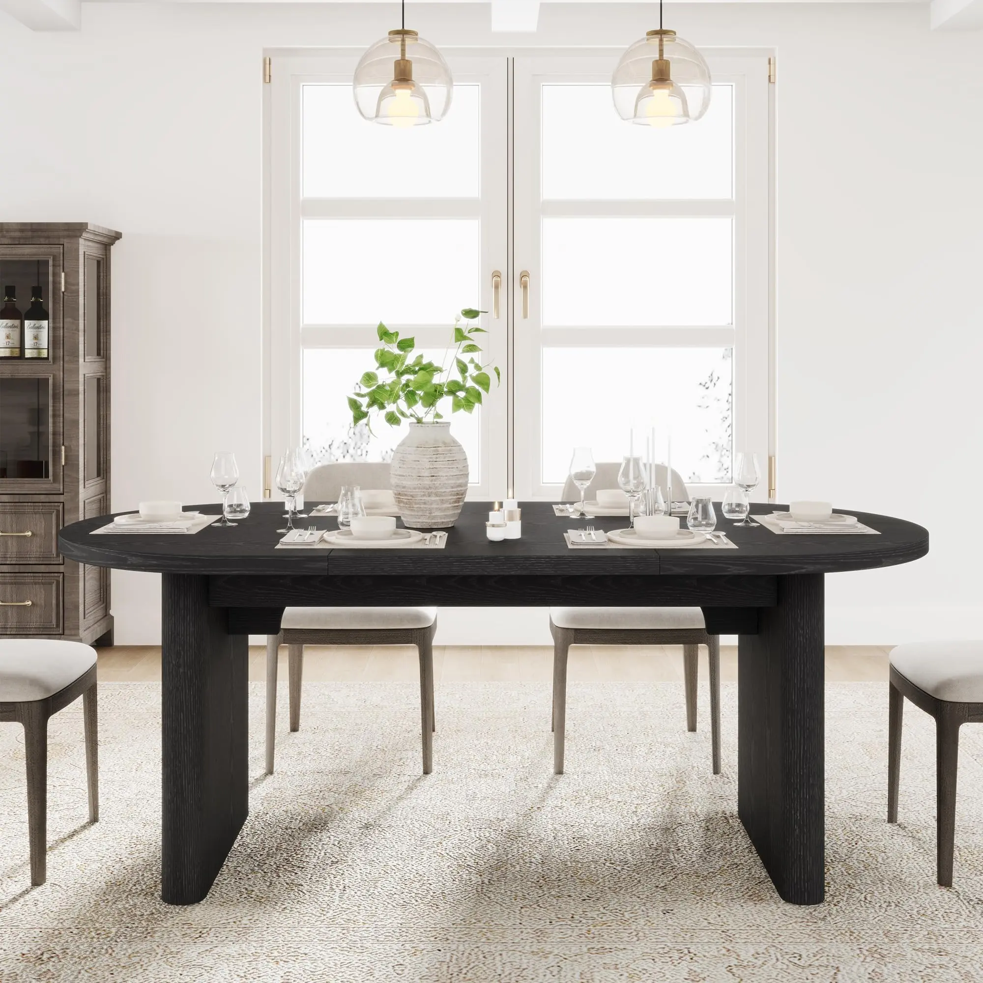 Garvee 70.8 in Modern Oval Dining Table for 6-8 People with Wood Strip Base, Sturdy MDF Construction, Ideal for Kitchen, Living Room, Office, or Restaurant Use