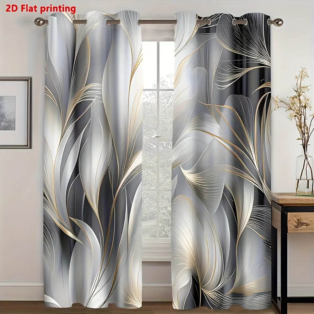 2-piece, 2D flat-printed gold and silver art leaf pattern, installed using a punch-hole method, digitally printed curtains, made of polyester material that softens light, suitable living rooms, kitchens, bedrooms, study rooms, hotels, restaurants, and hom