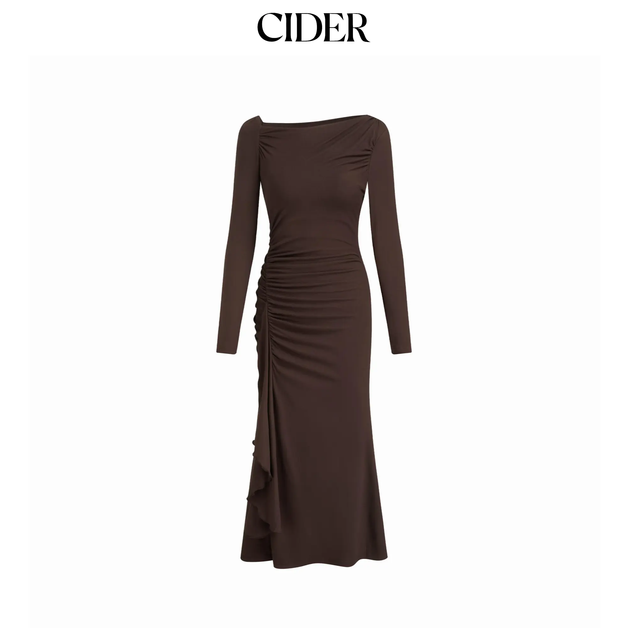 Cider Asymmetrical Neck Long Sleeve Ruched Draped Maxi Dress