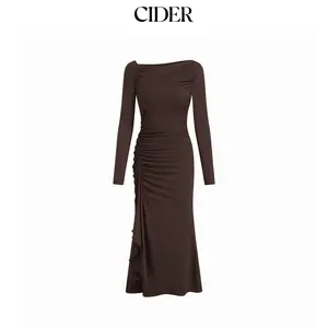 Cider Asymmetrical Neck Long Sleeve Ruched Draped Maxi Dress