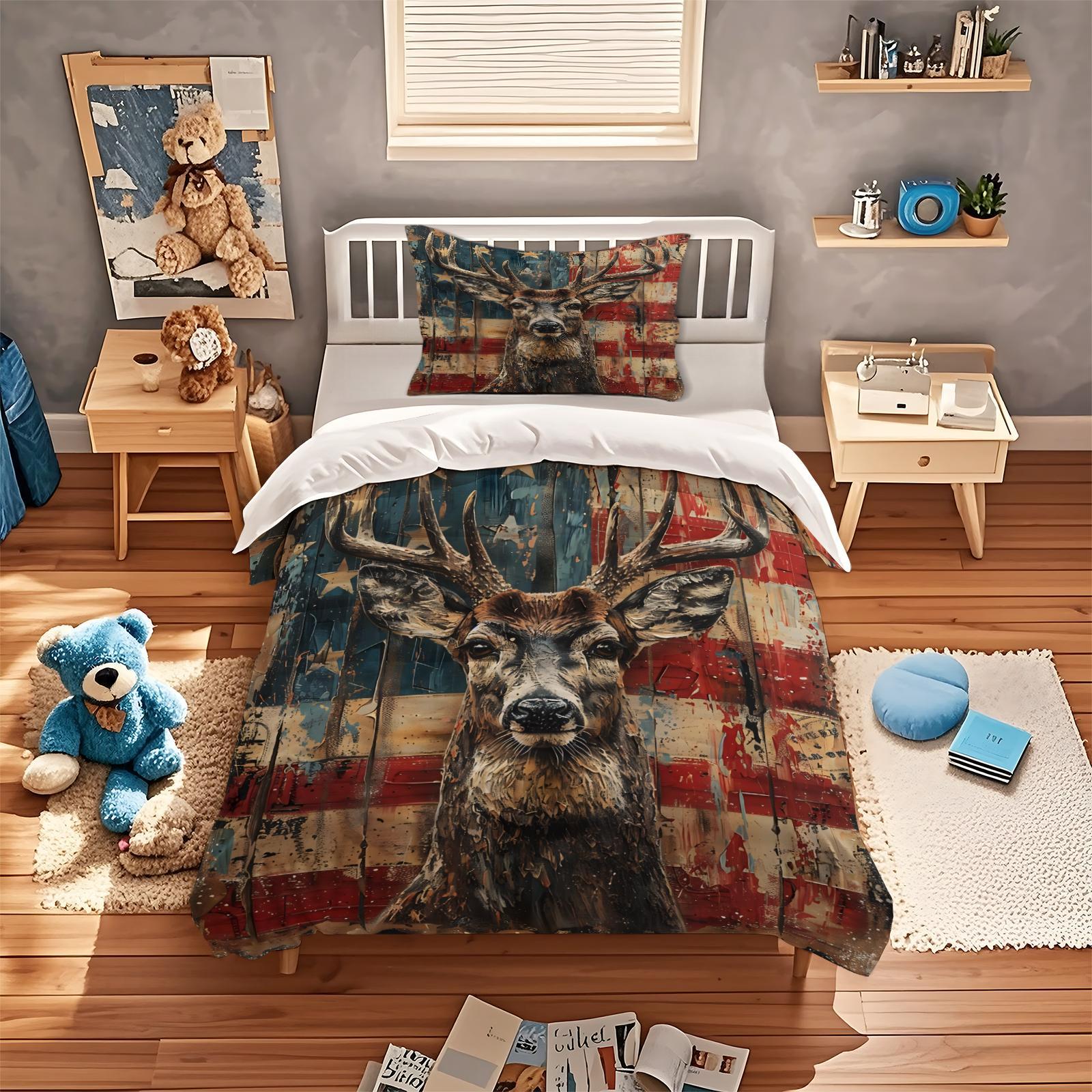 Deer & Flag Pattern Bedding Set, 1 Count Bedspread & Pillowcase without Filler, Soft Comfortable Bedding Set for Home Bedroom