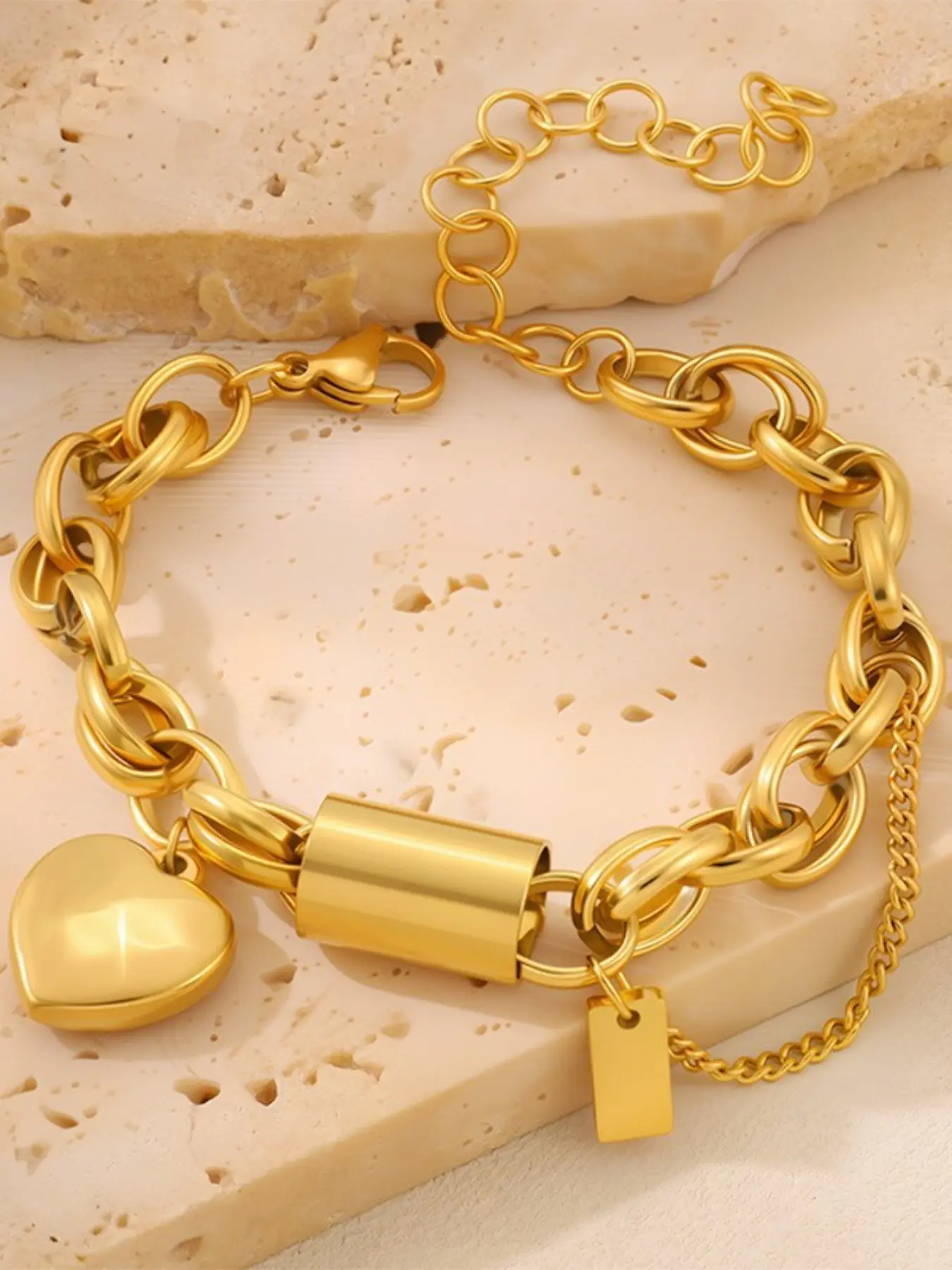Stainless Steel Thick Oval Chain Bracelet, Smooth Heart Pendant Wrist Band With Cylinder Bar Decor, Adjustable Clasp Fashion Jewelry, Simple Versatile Stackable Wrist Decor, Ideal Present For Ladies Daily Casual Wear All Occasions