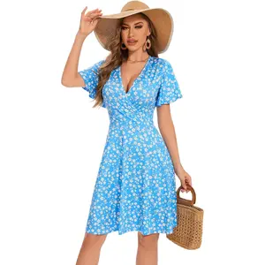 Women Casual Summer Dress 2025 Beach Vacation Floral Sundress Short Sleeve Wrap V-Neck Modest Dresses