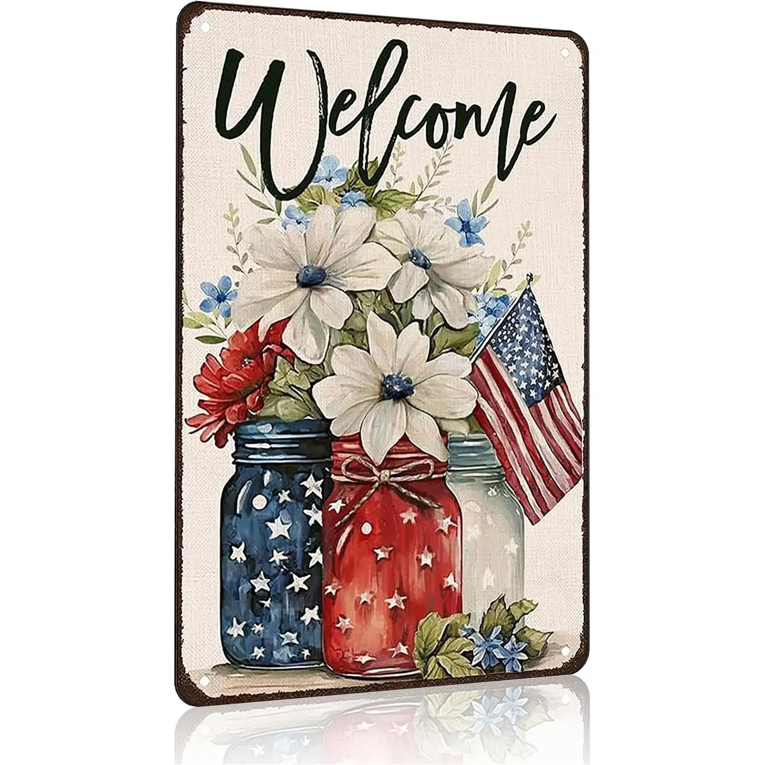 Patriotic Floral Mason Jar USA Flag Welcome Tin Sign for Home Bedroom Man Cave Garage 4th of July Memorial Day Independence Day Decor 8 X 12 Inch (3707)Gift