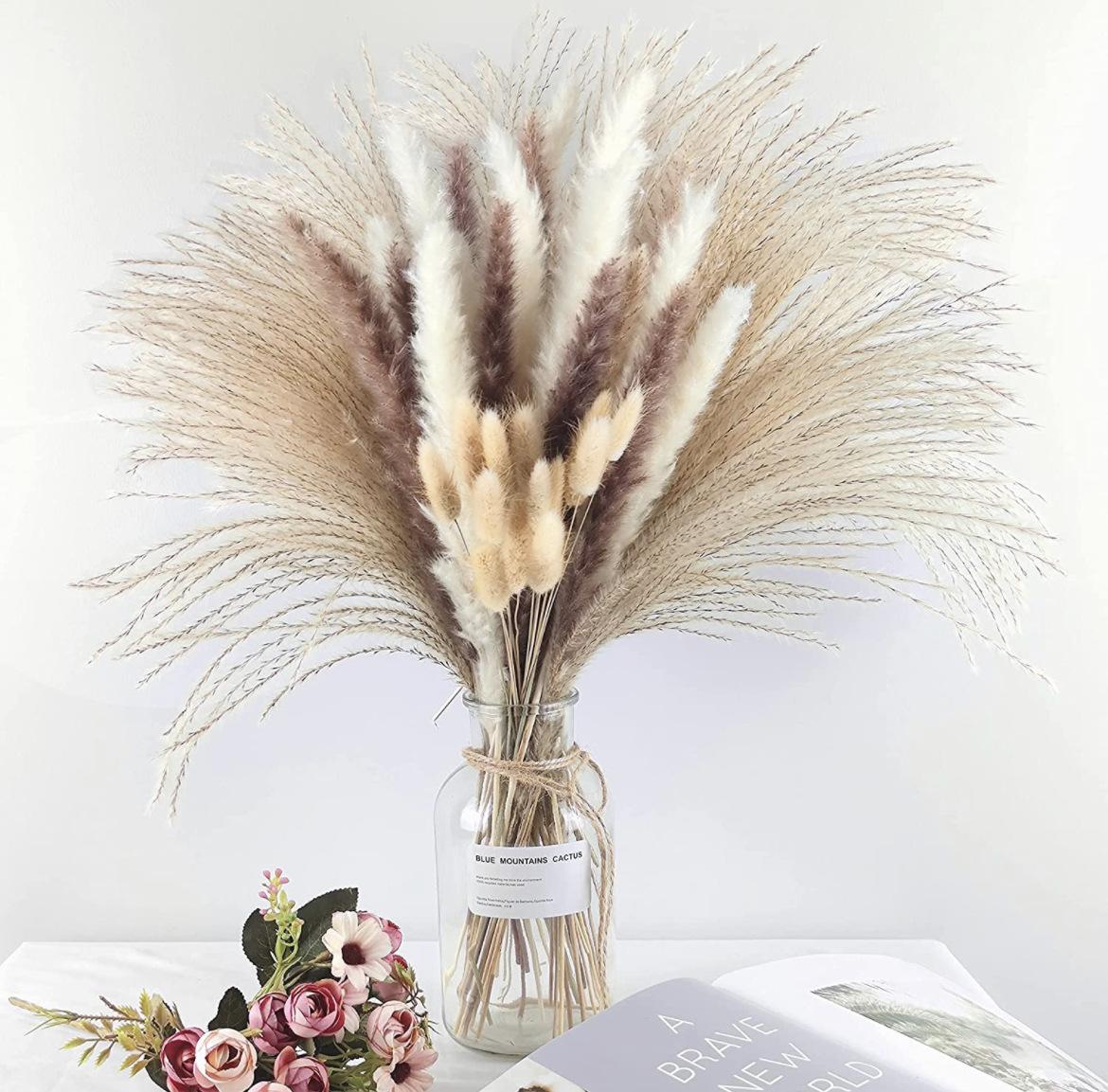 100 Pieces Of Bohemian Reed Grass, Naturally Dried Reed Grass, Wedding Decoration, Home Decoration, Bohemian Party Decoration, Table Decoration, Brown And White Color