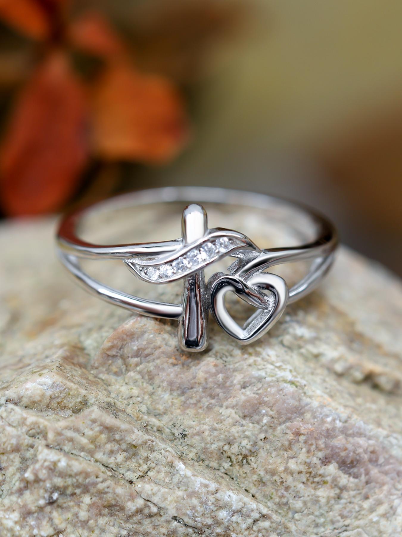 S925 Sterling Silver Hollow Out Cross & Heart Design Ring for Women, Heart Shaped Ring, Fashion Jewelry for Party, Daily Decor, Trendy All-match & Exquisite Jewelry for Birthday Gift, with Box