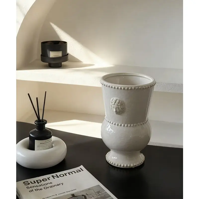 Handmade Vintage Relief Ceramic Vase, French Countryside Cottagecore Style Decorative Flower Pot, Elegant Home Décor for Living Room, Dining Table, Entryway, Shelf
