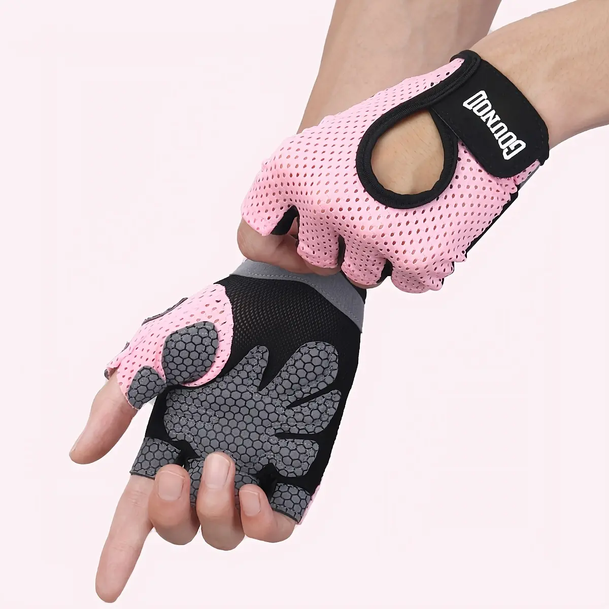 1 pair of fitness gloves |   GOUNOD Half-Finger Breathable Cycling Sports Gloves, made of polyester material, with Velcro closure, pink knitted fabric