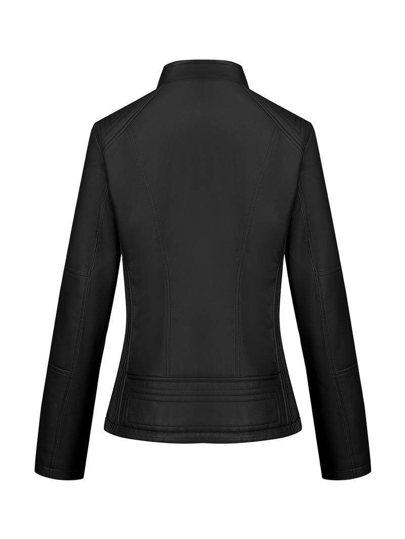 Women's PU Leather Motorcycle Jacket, Casual Fitted Design, All-Season Wear, Perfect for Commuting & Street Style
