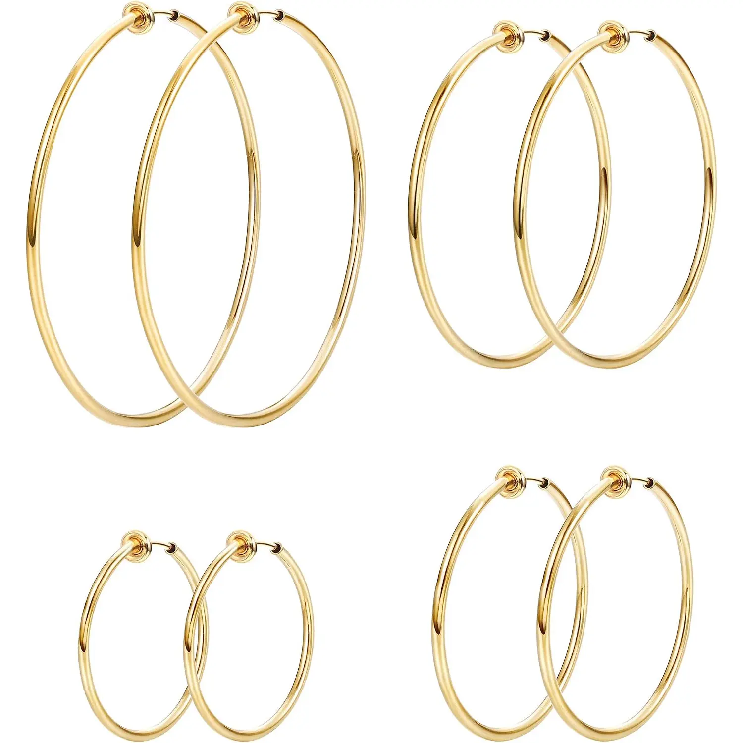 4 Pairs Stainless Steel Clip Hoop Earrings for Women, Fake Hoop Earrings | Spring Hoop Earrings, No Piercing Needed