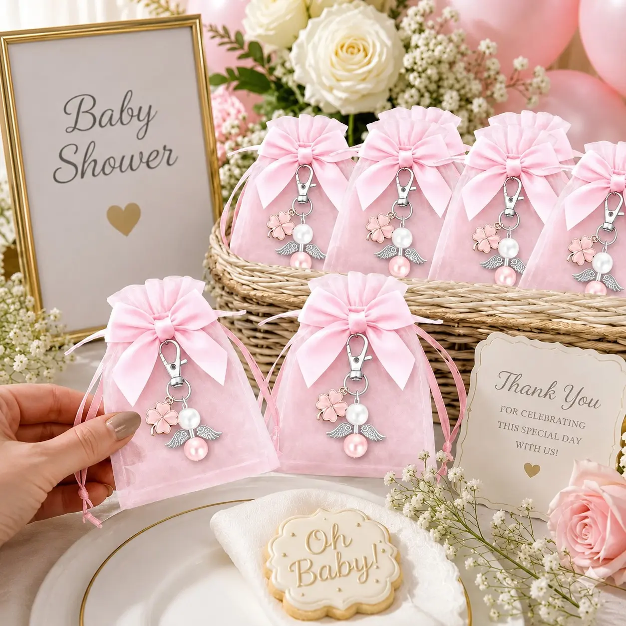 10/20Sets Baby Shower Favors for Guests, Pink & Blue Guardian Angel Four-Leaf Clover Keychains with Bow Organza Gift Bags, Gender Reveal Party Gifts, Baptism and Christening Favors, Wedding Birthday Party Bag Fillers and Keepsakes