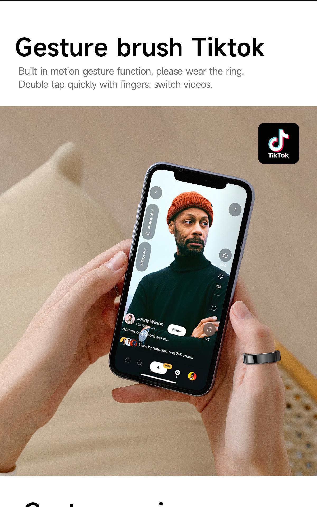 A smart multi-functional health ring with features such as motion step counting, Bluetooth photography, heart rate monitoring, blood oxygen measurement and sleep monitoring. A fashionable wearable smart ring.