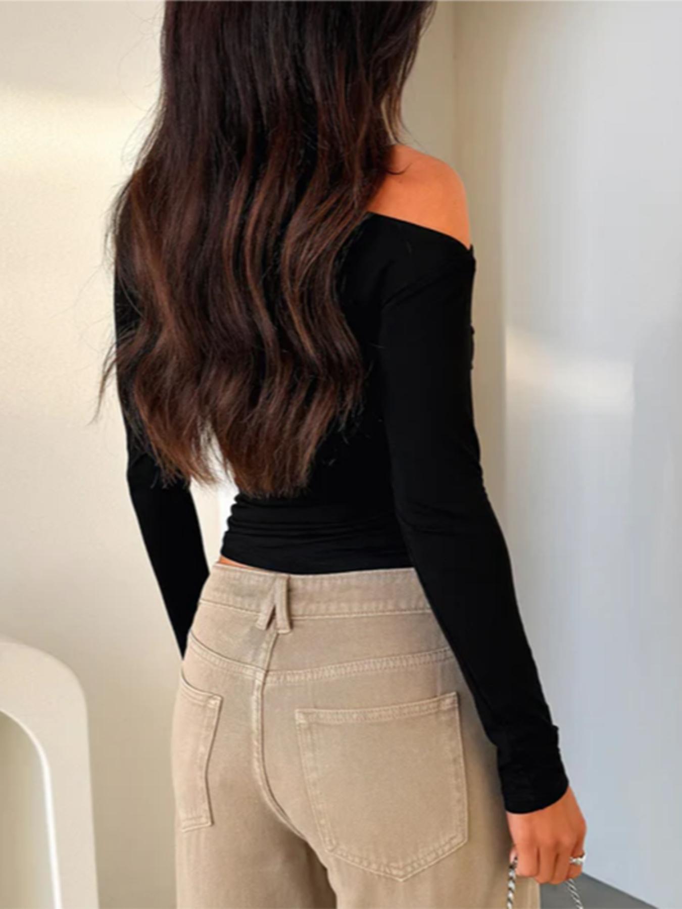 Women's Asymmetrical Neck Long Sleeve Top, Slim Fit Casual Blouse, Elegant Fashion Shirt for Daily Wear, Ladies' Stylish Clothing