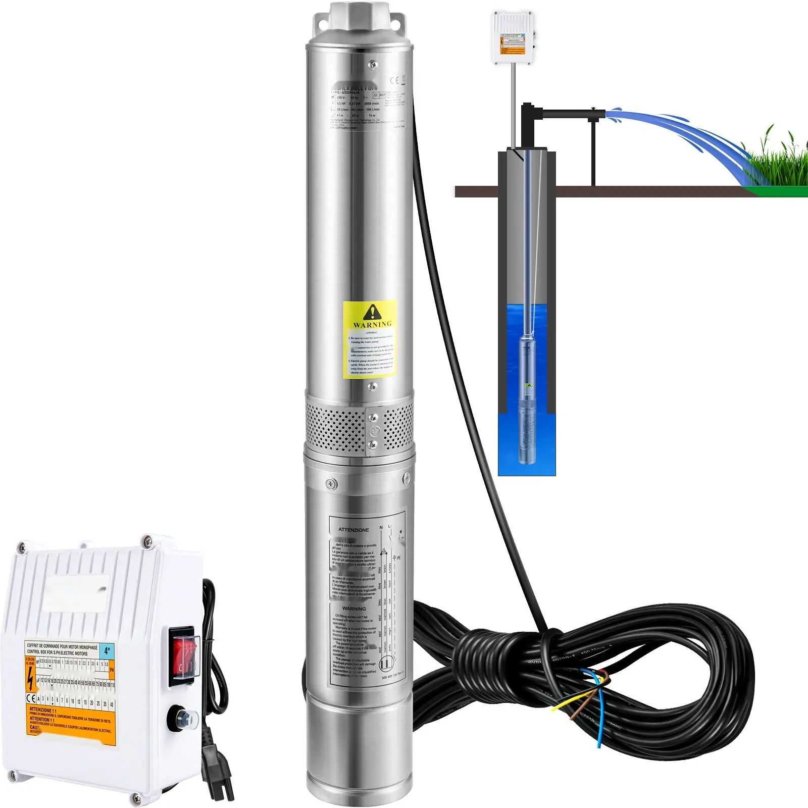 Deep Well Submersible Pump, 1.5HP 115V/60Hz, 37 GPM, 276 ft Head, 33 ft Cord and External Control Box, 4-Inch Stainless Steel Housing, Water Pump for Industrial, Irrigation, and Home Use, IP68 Waterproof