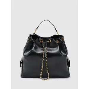 URBAN REVIVO Women's Elegant Chain Bucket Bag, Gathered Faux Leather Shoulder Handbag with Drawstring, Bucket Bag Handbag, Chain Shoulder Handbag