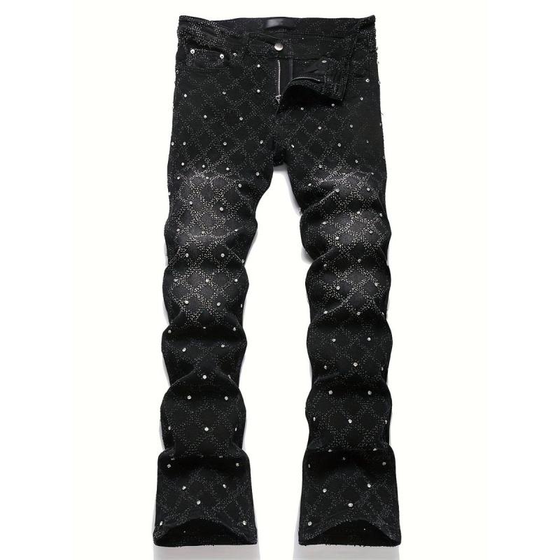 Y2K Men's Shiny Rhinestone Embellished Stretch Slim-Fit Jeans, Casual Street Style Hip-Hop Skateboarding Rap Pants, Machine Washable - All-Season Wear