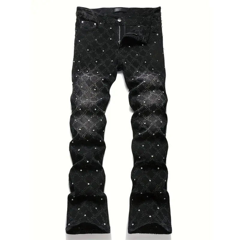 Y2K Men's Shiny Rhinestone Embellished Stretch Slim-Fit Jeans, Casual Street Style Hip-Hop Skateboarding Rap Pants, Machine Washable - All-Season Wear