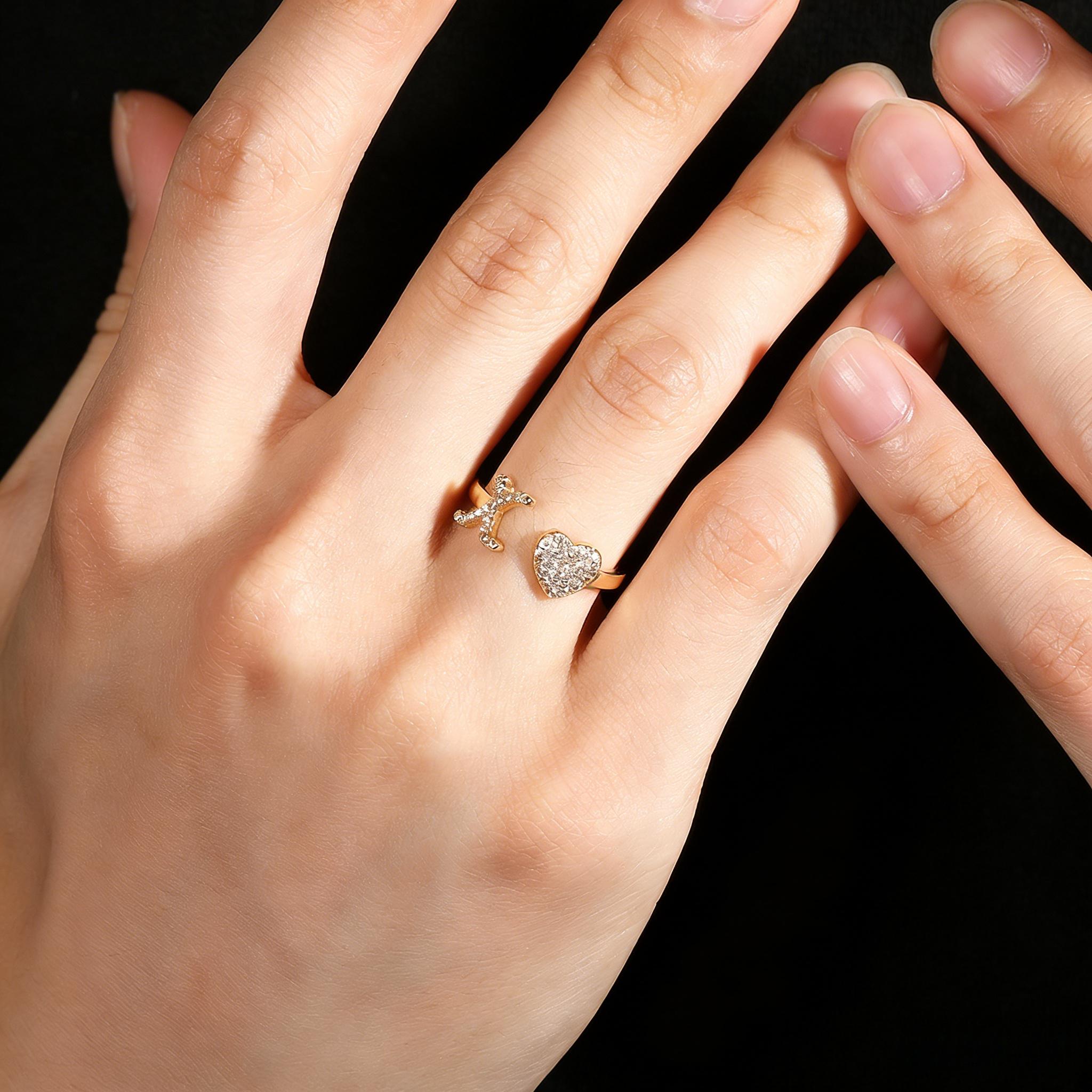 14K Gold Plated Copper Initial Heart Ring for Women, CZ Zirconia Adjustable Open Ring