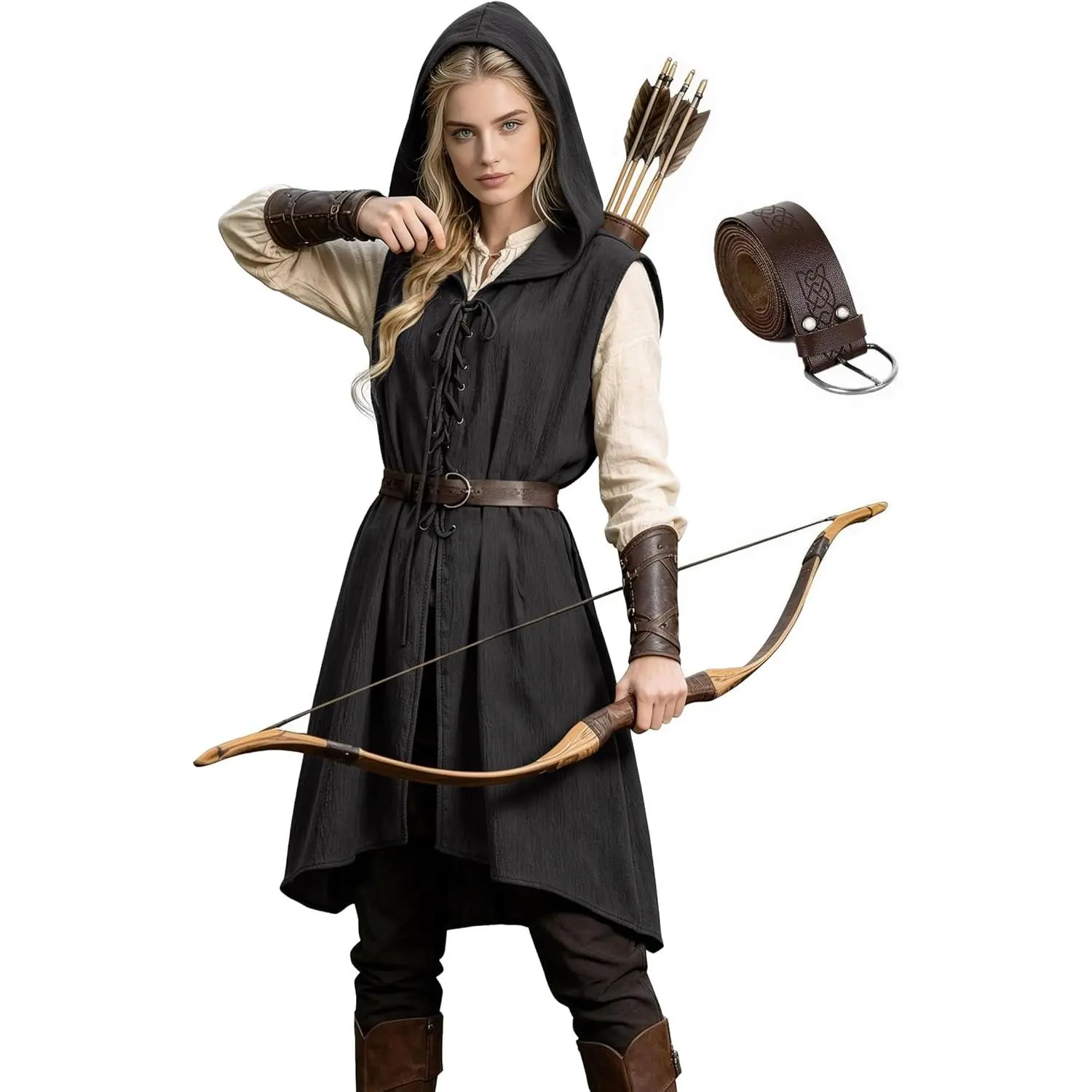 Men's Historical/Period Hooded Sleeveless Lace-Up Ranger Tunic with Belt - Normal Type Fantasy Costume, Cosplay Gear for Renaissance Festival & LARP, Menswear Special Occasion Clothing