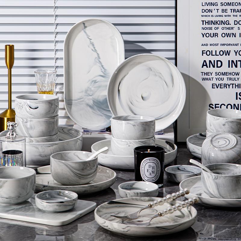 Marble Pattern Ceramic Tableware Set, Modern Style Cutlery Set, Simple and High-end Tableware Set, Ceramic Dinnerware Set for Home Kitchen Dining Room