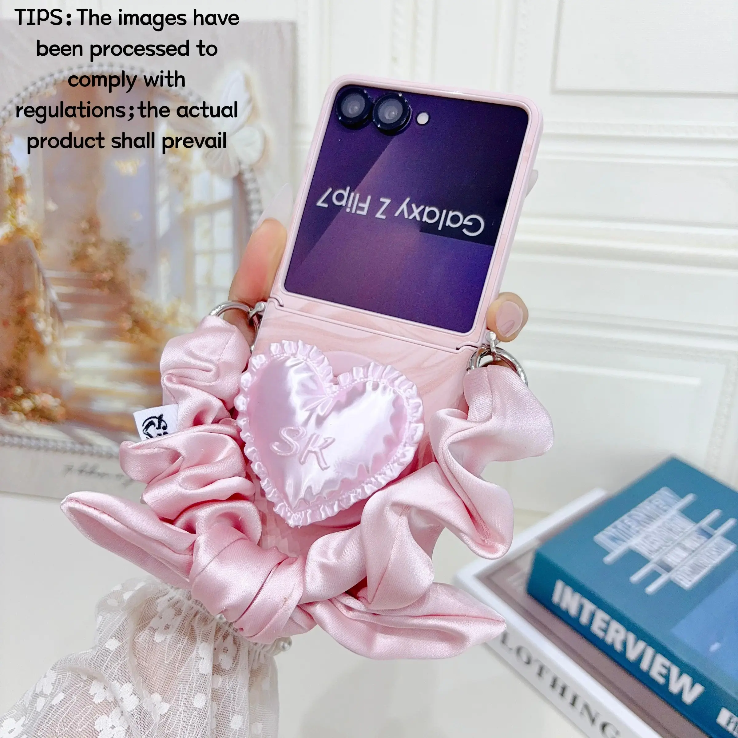 Side-clasp water ripple internal magnetic phone case, Phone cover casing, compatible with optional hand strap and heart-shaped stand, suitable for Samsung Galaxy Z Flip 5/6/7FE/7/8, protective case